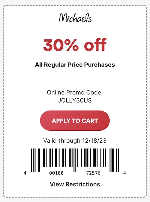 Michael's Coupon Promo Code JOLLY30US