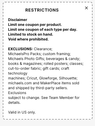 Michaels Coupon 30% off 30EXTRASAVE Restrictions